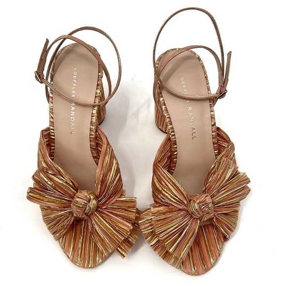 Loeffler Randall Camellia Sunset Bow Sandal Block Heel Peep Toe Stripe Sandal - Picture 4 of 14